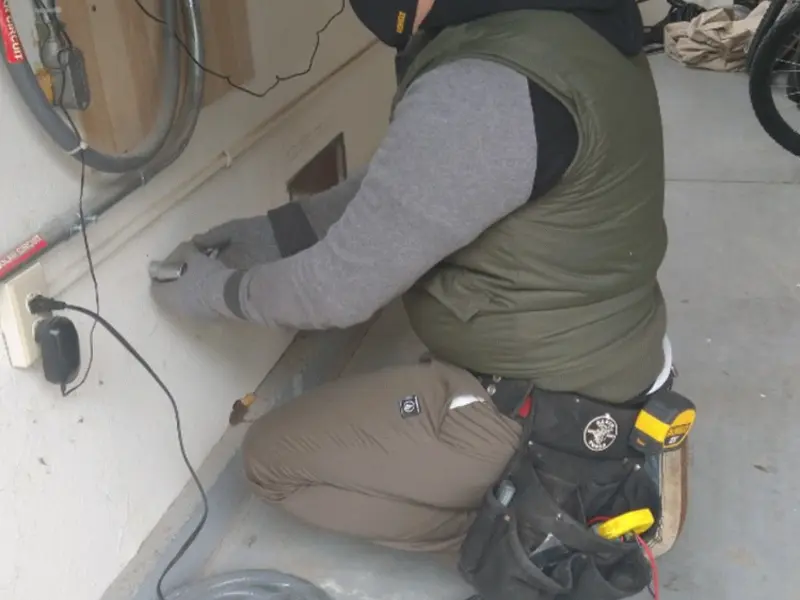 Electrician performing outlet wiring in a Tyrone garage